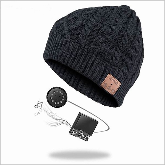 Wireless Bluetooth Beanie Hat Cable Knit Black Stereo Speakers Microphone Fleece - Picture 2 of 9